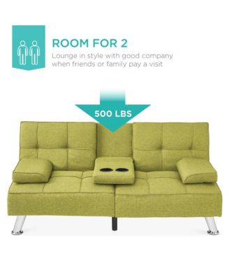 Modern Linen Convertible Futon Sofa Bed w/ Removable Armrests, Metal Legs, Cupholders