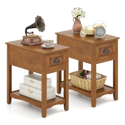 Set of 2 Contemporary Side End Table Compact Table w/ Drawer Nightstand Tawny