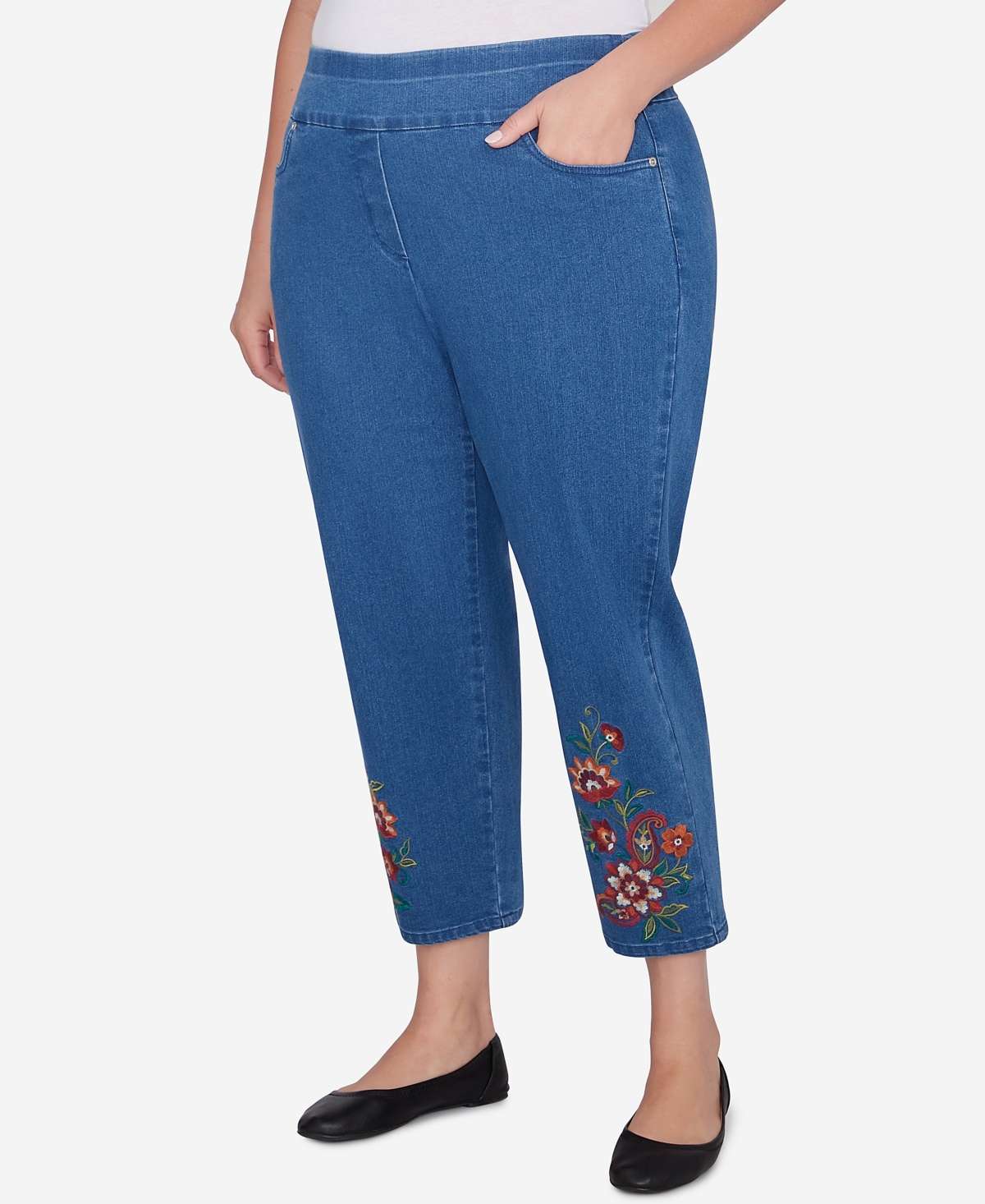 Alfred Dunner Plus Size Harvest Moon Floral Embroidered Denim Ankle Pants
