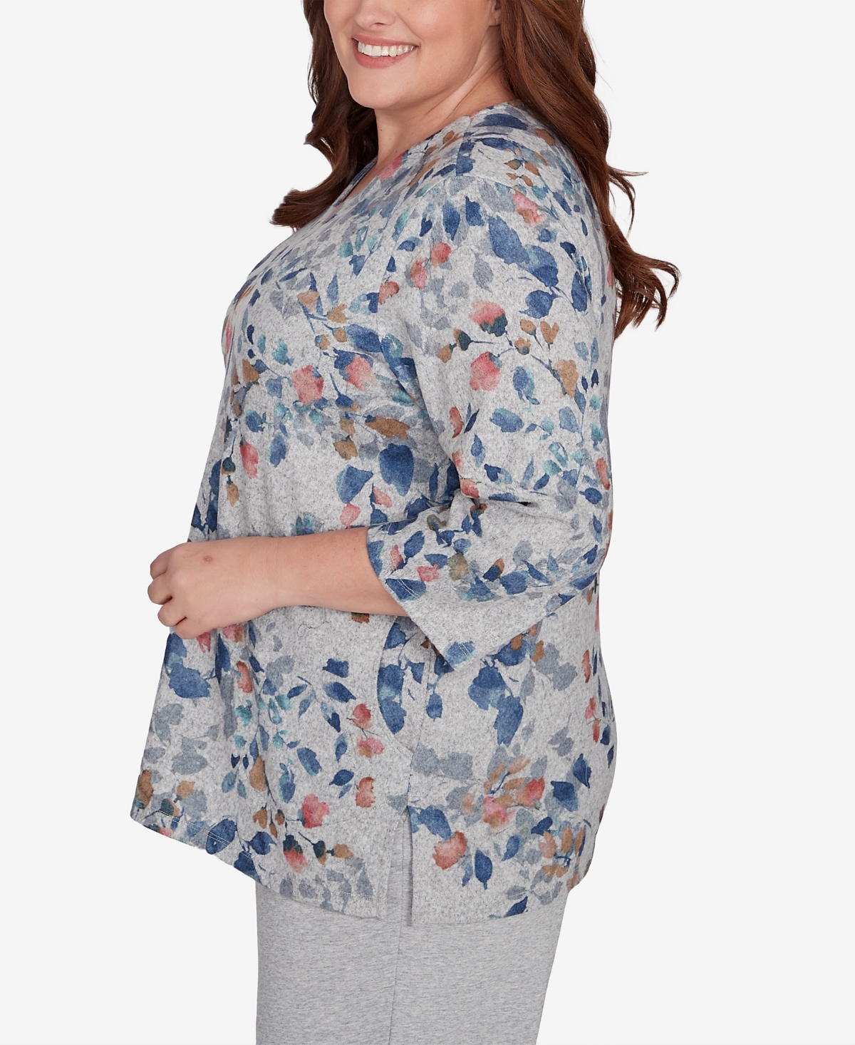 Alfred Dunner Plus Size Casual Fridays Watercolor Leaves V-Neck Top