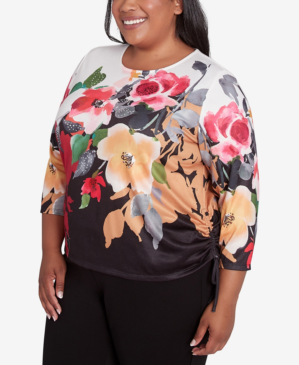 Alfred Dunner Plus Size Runway Ready Floral Crew Neck Top With Drawstring Hem In Multi Black