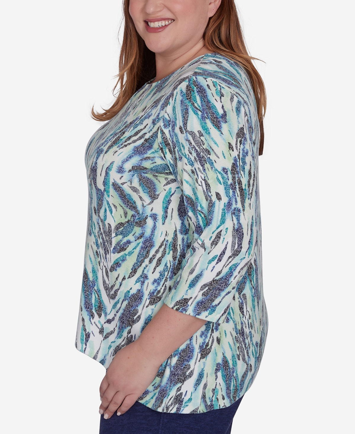 Alfred Dunner Plus Size French Quarter Teal Animal Print Split Neck Top In Multi Green