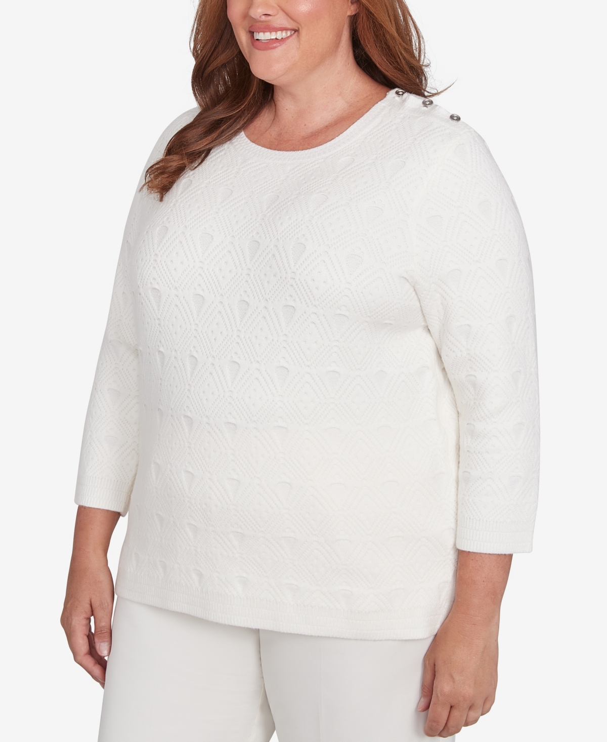 Alfred Dunner Plus Size Copenhagen Textured Cable Button Shoulder Sweater