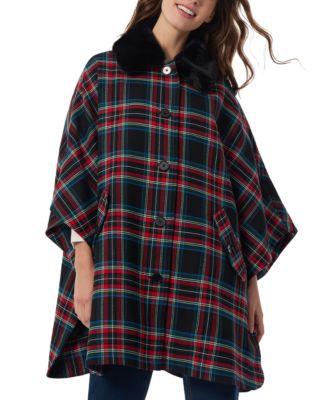 Jones New York - Women's Plaid-Print Faux-Fur Collar Poncho
