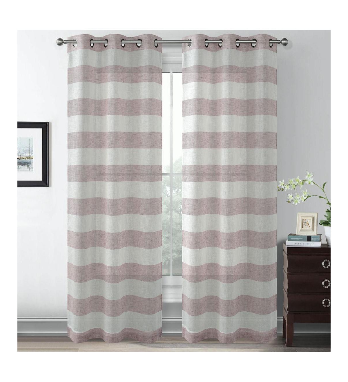 Metallic Semi Sheer Rugby Striped Grommet Top Window Curtains - 38 in. W x 84 in. L, Blue - Red