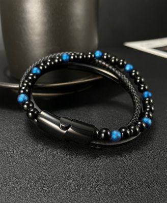 Blue Beaded Identification Leather Stainless Steel Bracelet