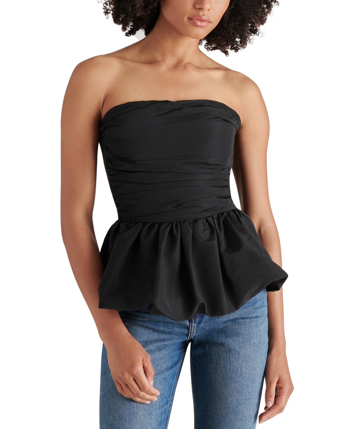 Steve Madden Amari Mixed Media Strapless Bubble Hem Minidress In Black