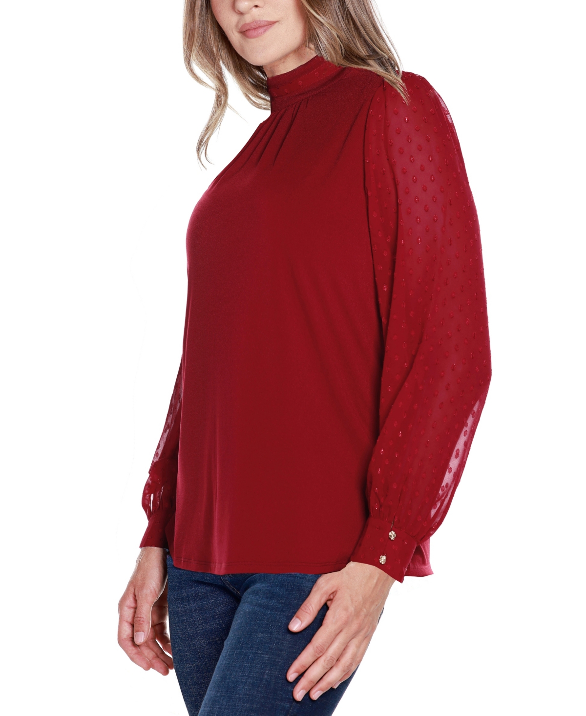 Belldini Women's Black Label Clip-Dot Chiffon Sleeve Knit Blouse -Gold