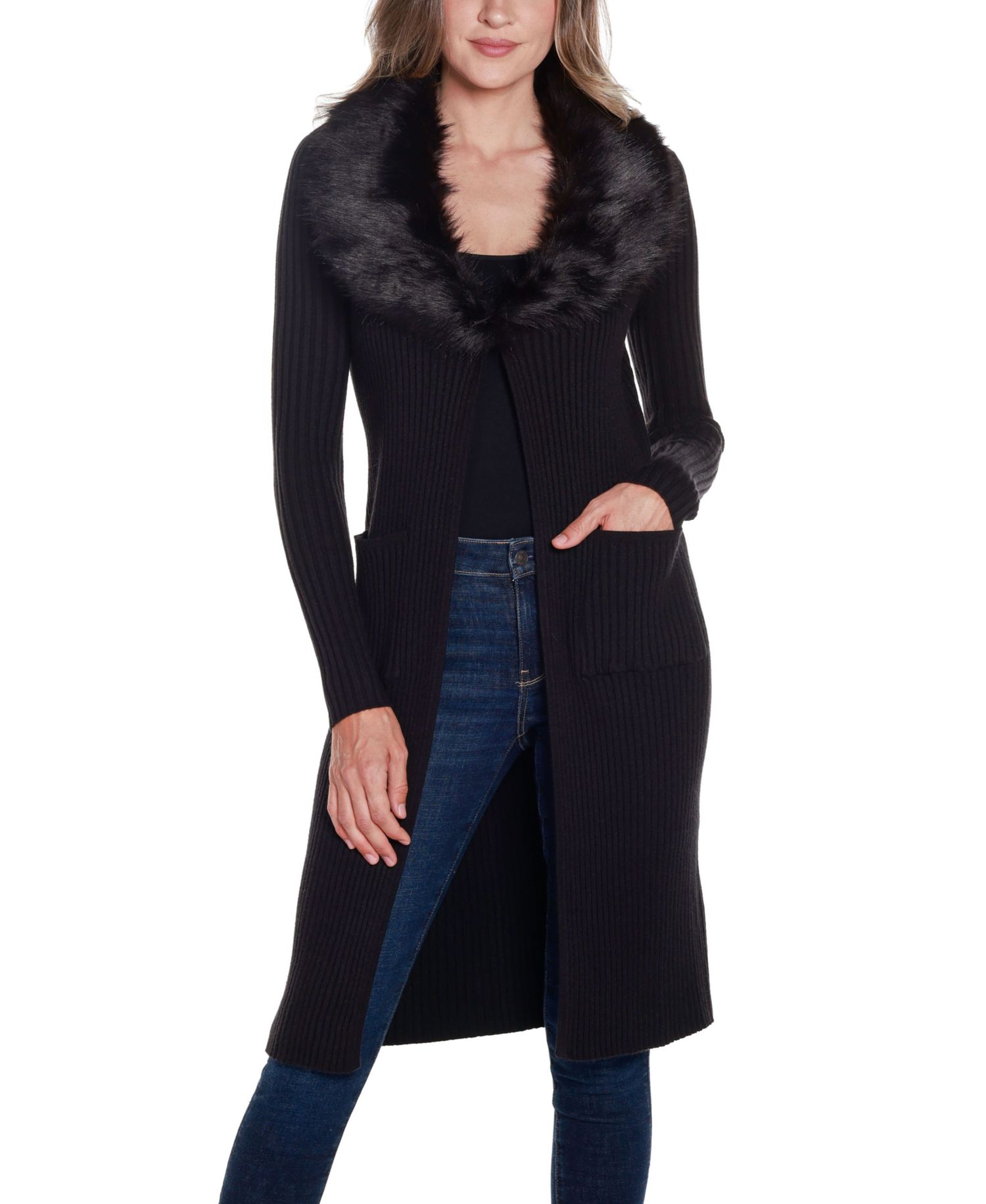 Black Label Women's Ribbed Faux-Fur Collar Duster Cardigan Sweater