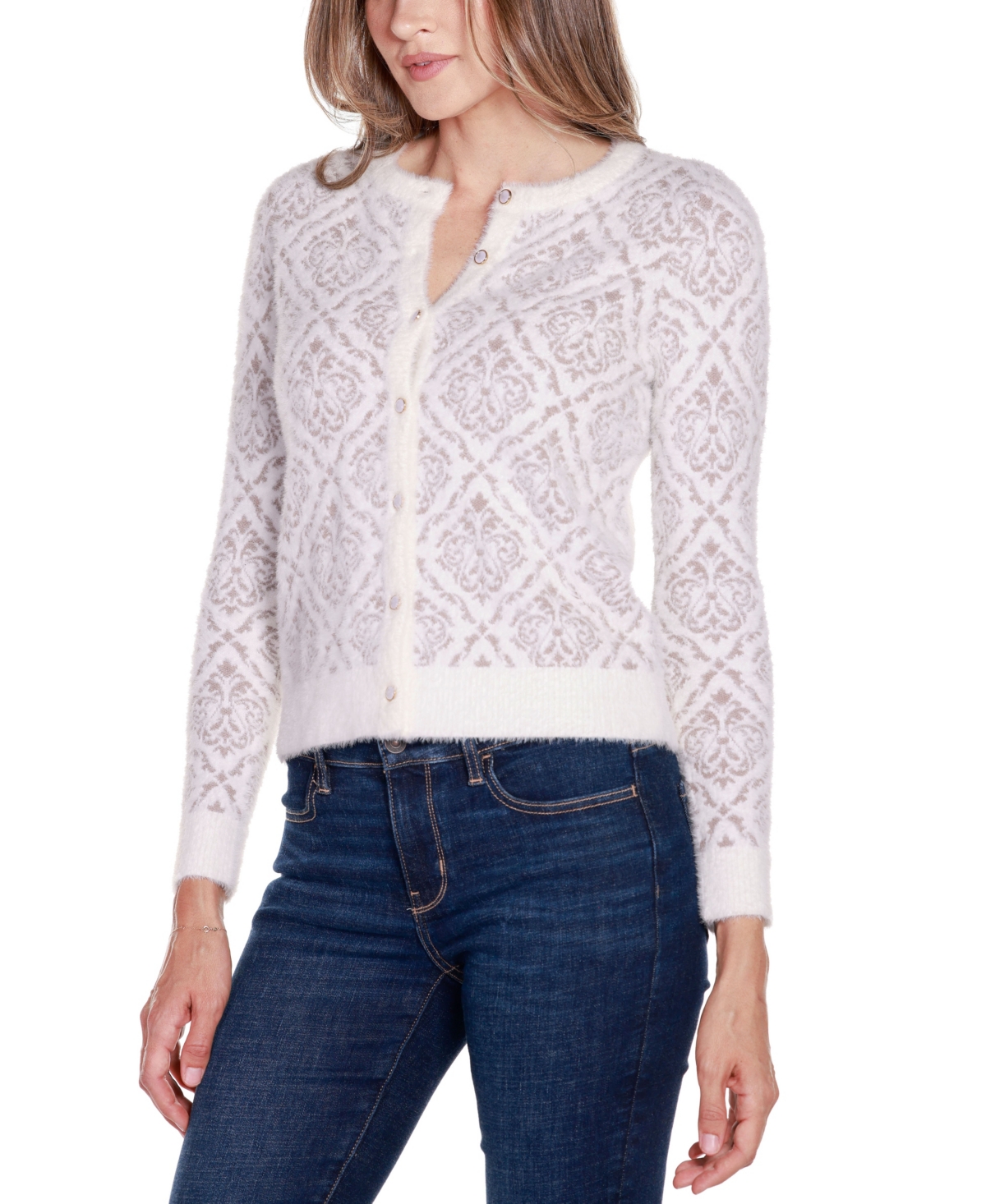 Belldini Women's Black Label Eyelash Jacquard Cardigan Sweater -Mochaccino