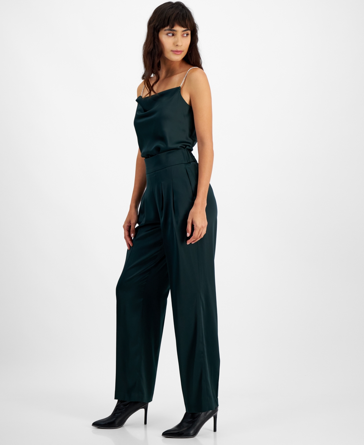 Bar Iii Women's Satin High Rise Pleat-Front Wide Leg Pants, Created for Macy's