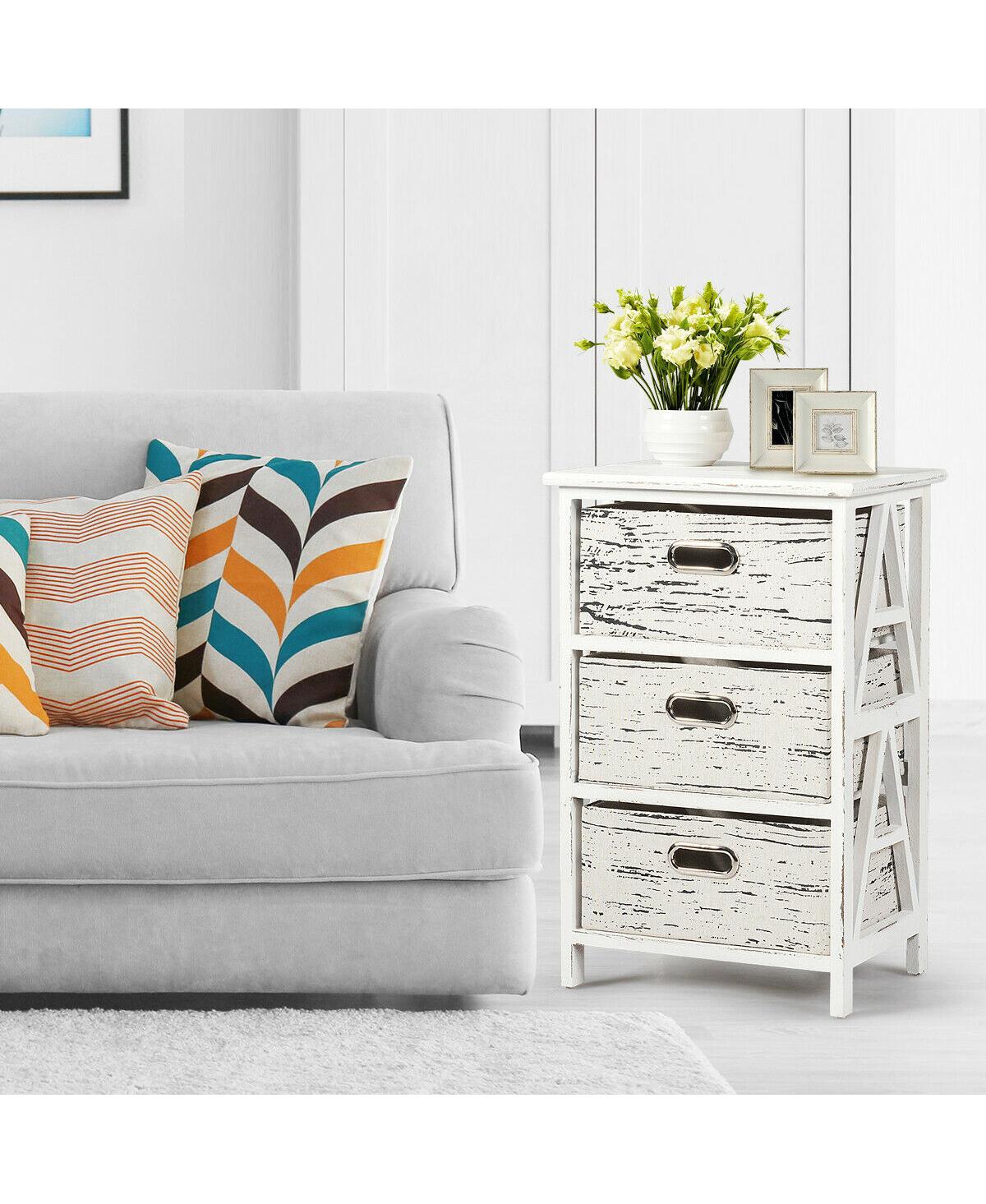 Gymax Chest w/3 Fabric Drawers Vintage Wood Frame End Table Side Sofa Table Nightstand