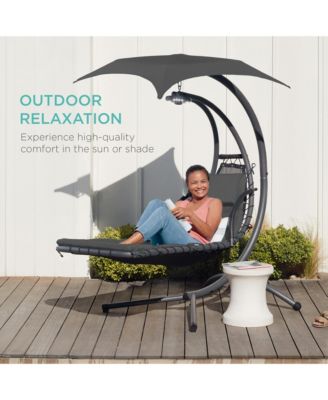 Hanging Curved Chaise Lounge Chair Swing for Backyard, Patio w/ Pillow, Shade, Stand