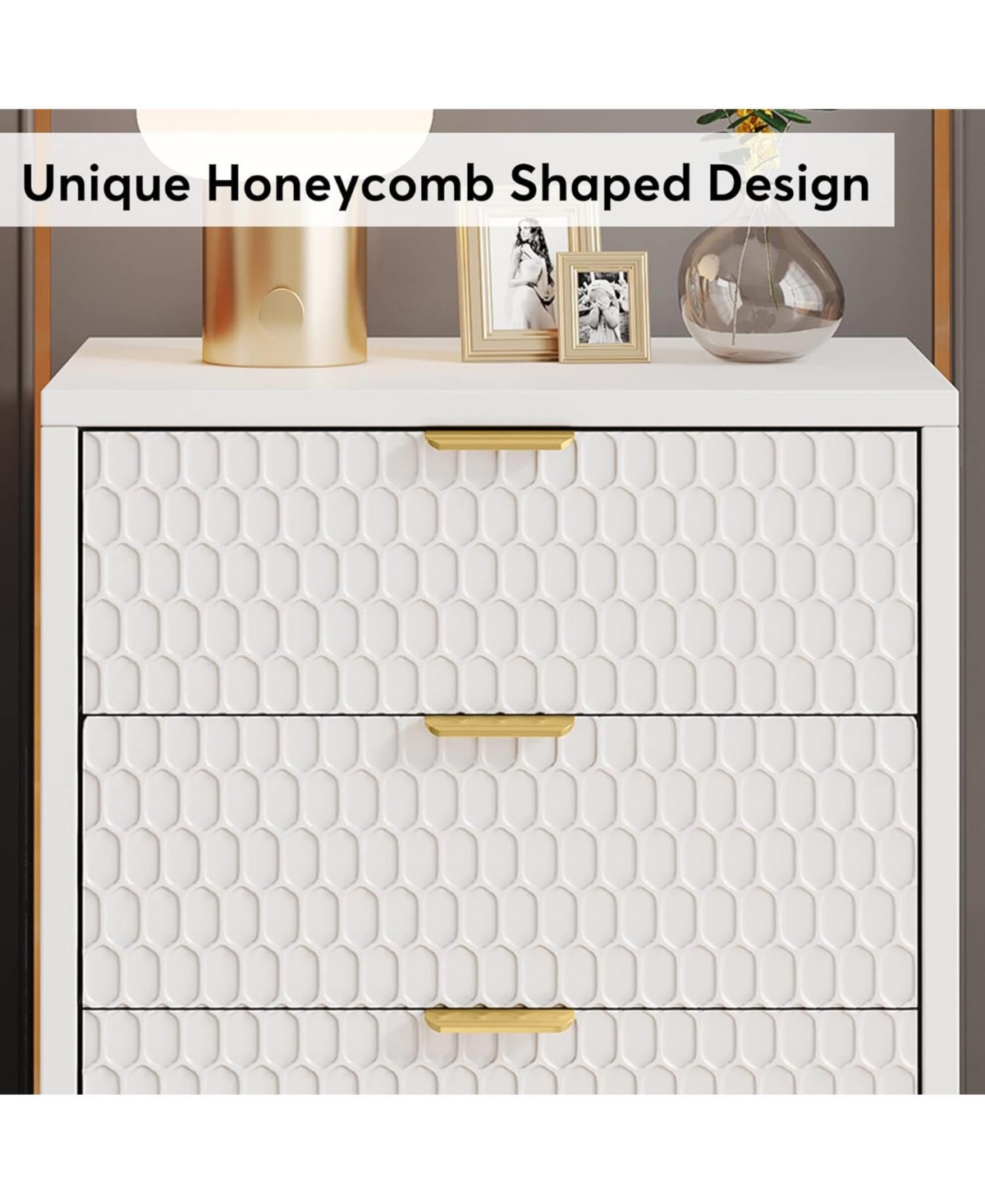 Tribesigns 3-Drawer Nightstand Set of 2, Tall Modern Bedside Table, Large Side End Table with Storage Drawers for Bedroom - White and gold
