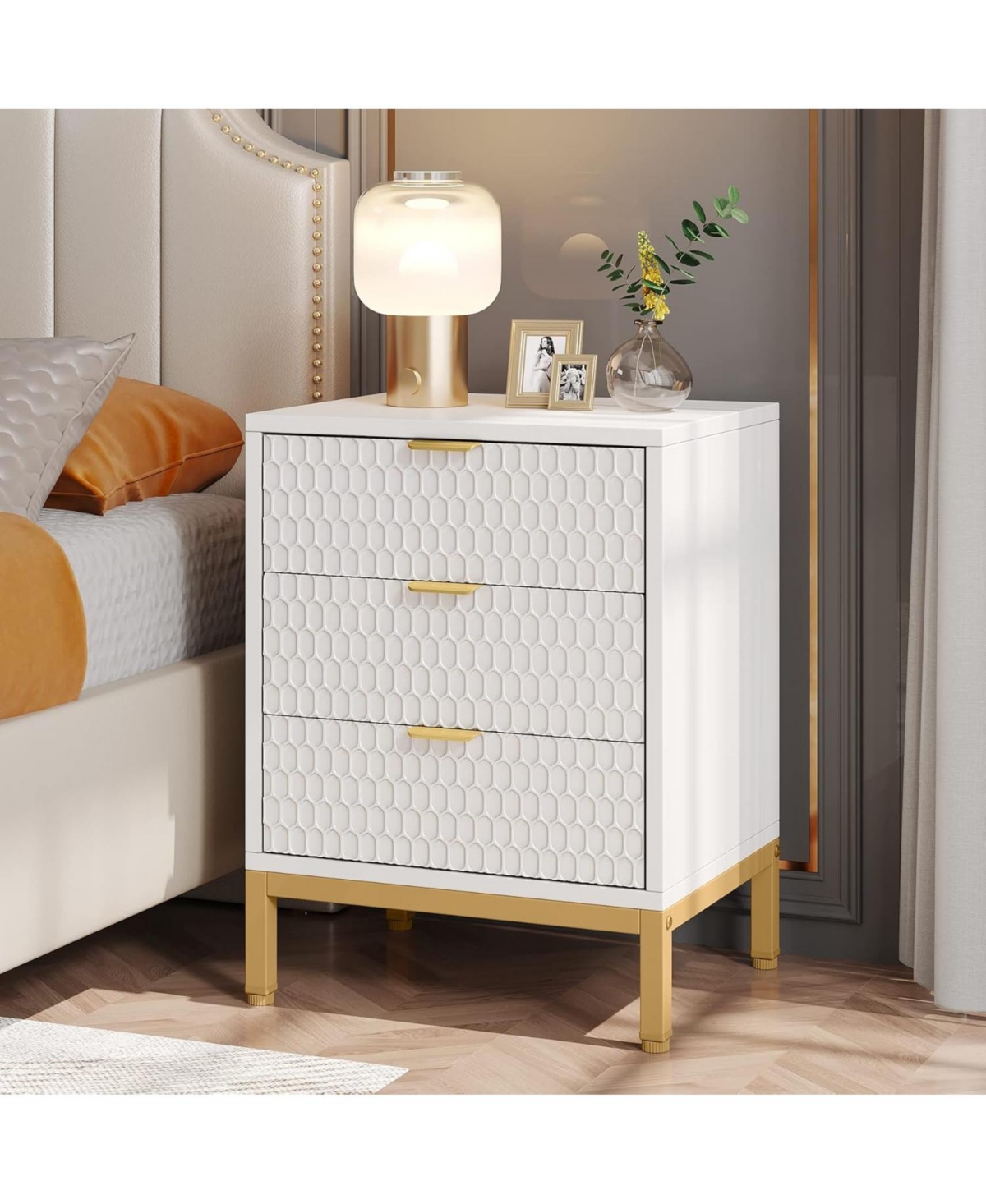 Tribesigns 3-Drawer Nightstand Set of 2, Tall Modern Bedside Table, Large Side End Table with Storage Drawers for Bedroom - White and gold
