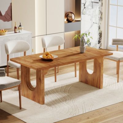 Modern Dining Table for 6 to 8 People, 71" Large Kitchen Dining Table with Wood Pedestal Base, Rectangular Long Dinner Table, Rustic Brown