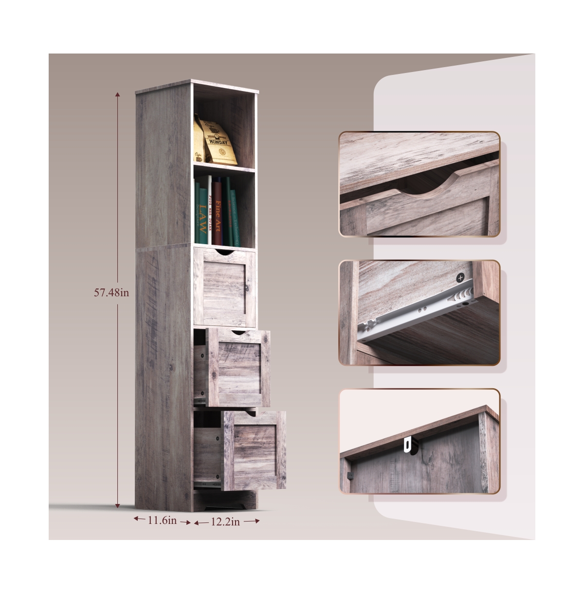 SlickblueBathroom Floor Cabinet – Tall, Narrow Storage with 3 Drawers, 2 Shelves - Grey