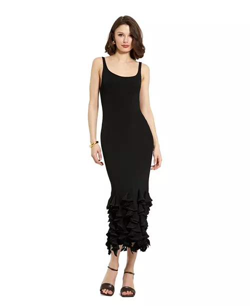women's rib knit sleeveless ruffle hem midi dress