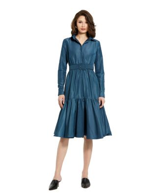 Mac Duggal Women's Faille Long Sleeve Collared Belted Midi Dress - Macy's
