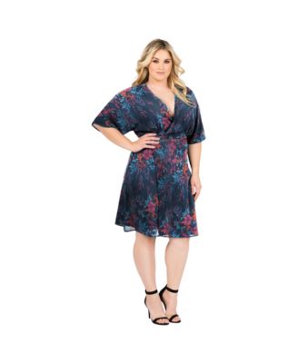 Plus Size Floral-Print V-Neck Kimono Wrap Midi Dress