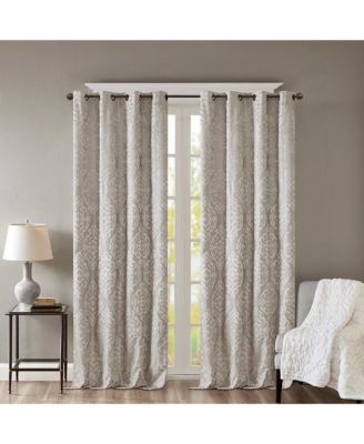 Mirage Knitted Jacquard Damask Total blackout curtains for bedroom, Silver grommet top fit up to 1.25 inches rod Single Curtain Panel for Living Room, Width 50 length 84 inches, Pitch Black Ambiance Charcoal 1 Window Panel