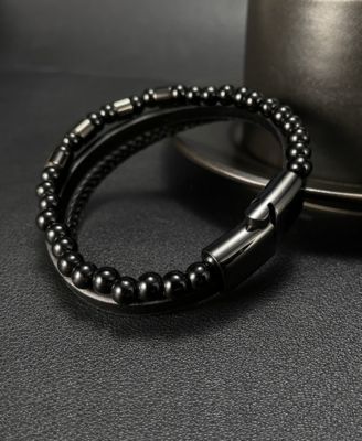 Leather Black Beaded Stainless Steel Bracelet