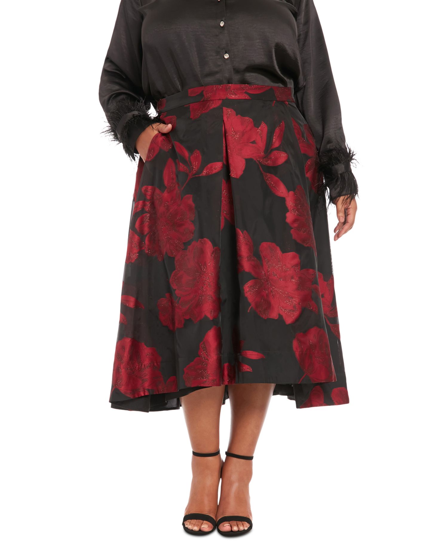 Plus Size Pleated Floral-Print Organza Skirt