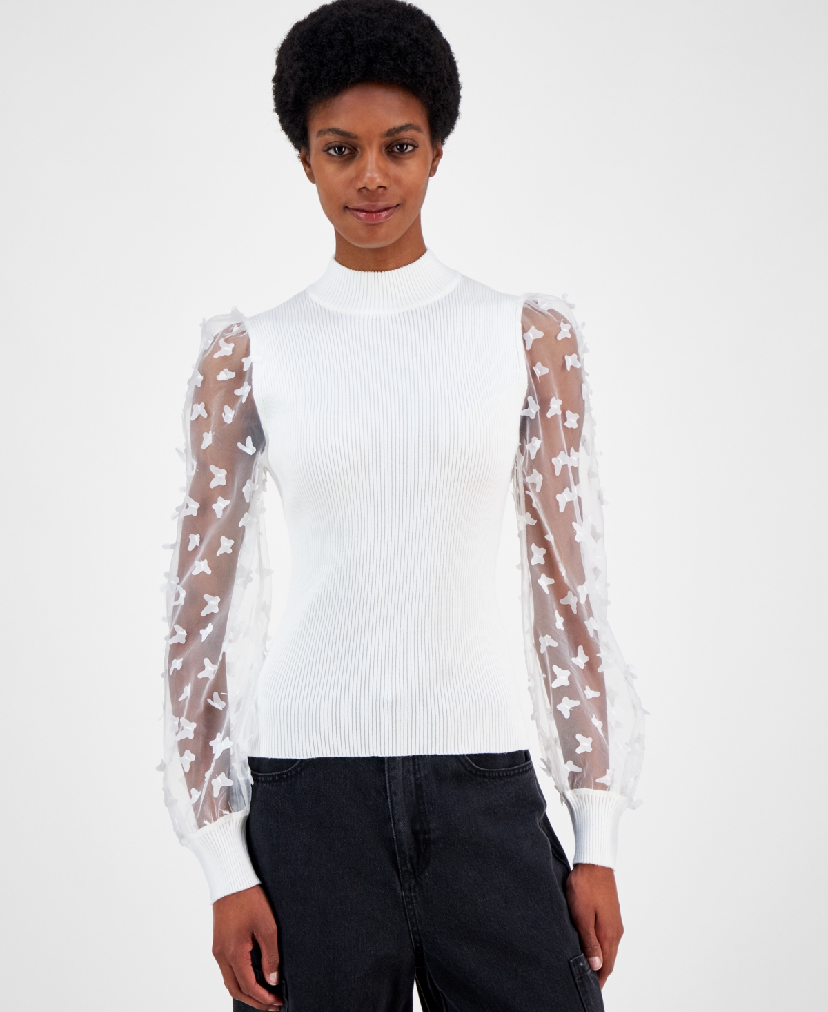 Juniors' Ribbed Butterfly-Sleeve Sweater - Bright White