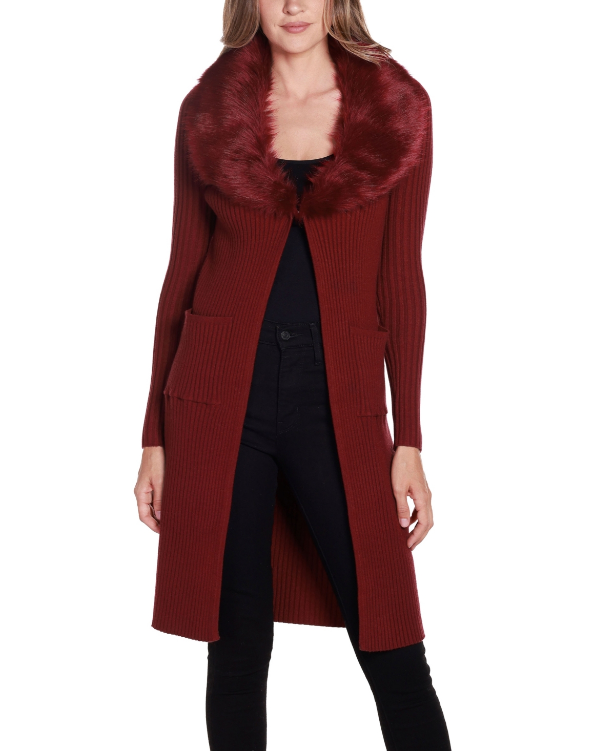 Belldini Women's Black Label Ribbed Collar Duster Cardigan Sweater In Cranberry