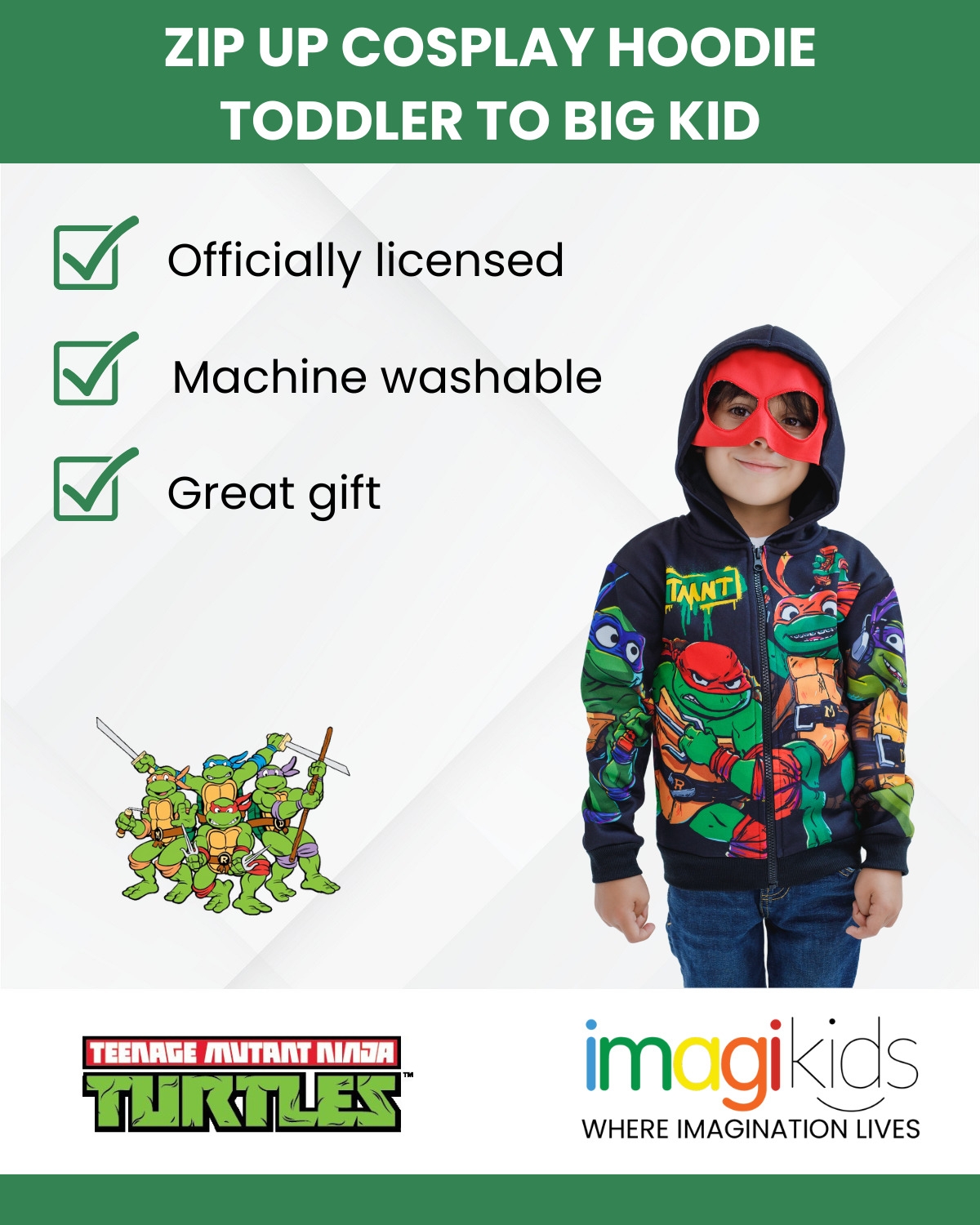 Teenage Mutant Ninja Turtles Boys Fleece Zip Up Cosplay Hoodie to (2T - 10-12) - black