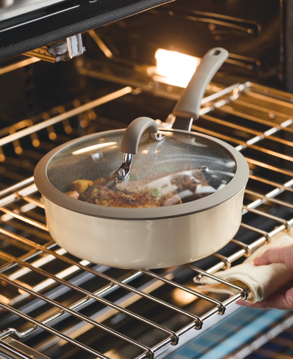 RACHAEL RAY COOK + CREATE 10" SILICONE-RIMMED GLASS LID, TAUPE 