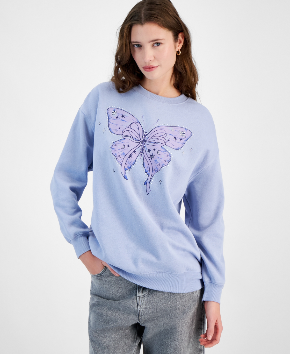 Pretty Rebellious Juniors' Butterfly Bow Graphic Embellished Sweatshirt In Frozen Peri