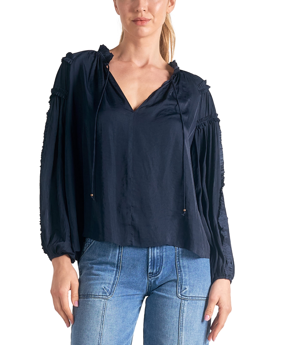 Shop Elan Women's Tie-neck Ruffled-trim Long-sleeve Top In Navy