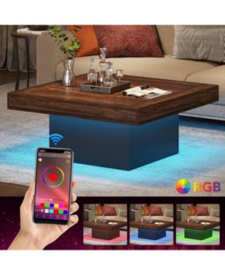 LED Coffee Table, Square Coffee Table Wood Low Coffee Table for Living Room