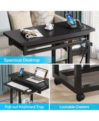 Small Portable Desk with Power Outlet, Height Adjustable Laptop Table with Wheels, Mobile Standing Computer Cart