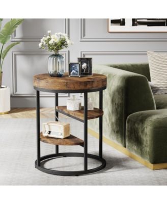 Round End Table, Small End Table with 3 Storage Shelves,Industrial Wooden Sofa Side Table, Rustic Brown Nightstand and Bedside Table