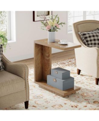 C-Shaped Side Table, 2-Tier Narrow End Table, Wood Bedside Table Nightstand for Bedroom, Industrial Sofa End Table for Living Room, Brown