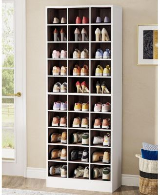 10-Tier Shoe Storage Cabinet, White and Brown Wooden Shoe Rack with 30 Cubbies, Freestanding Tall Entryway Shoe Organizer