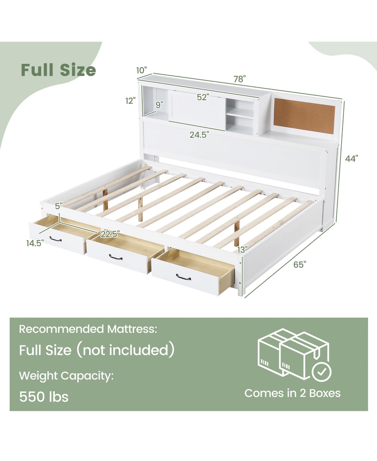 Gymax Full Daybed w/ 3 Drawers Wooden Sofa Bed Frame w/ Storage Shelves - White+beige