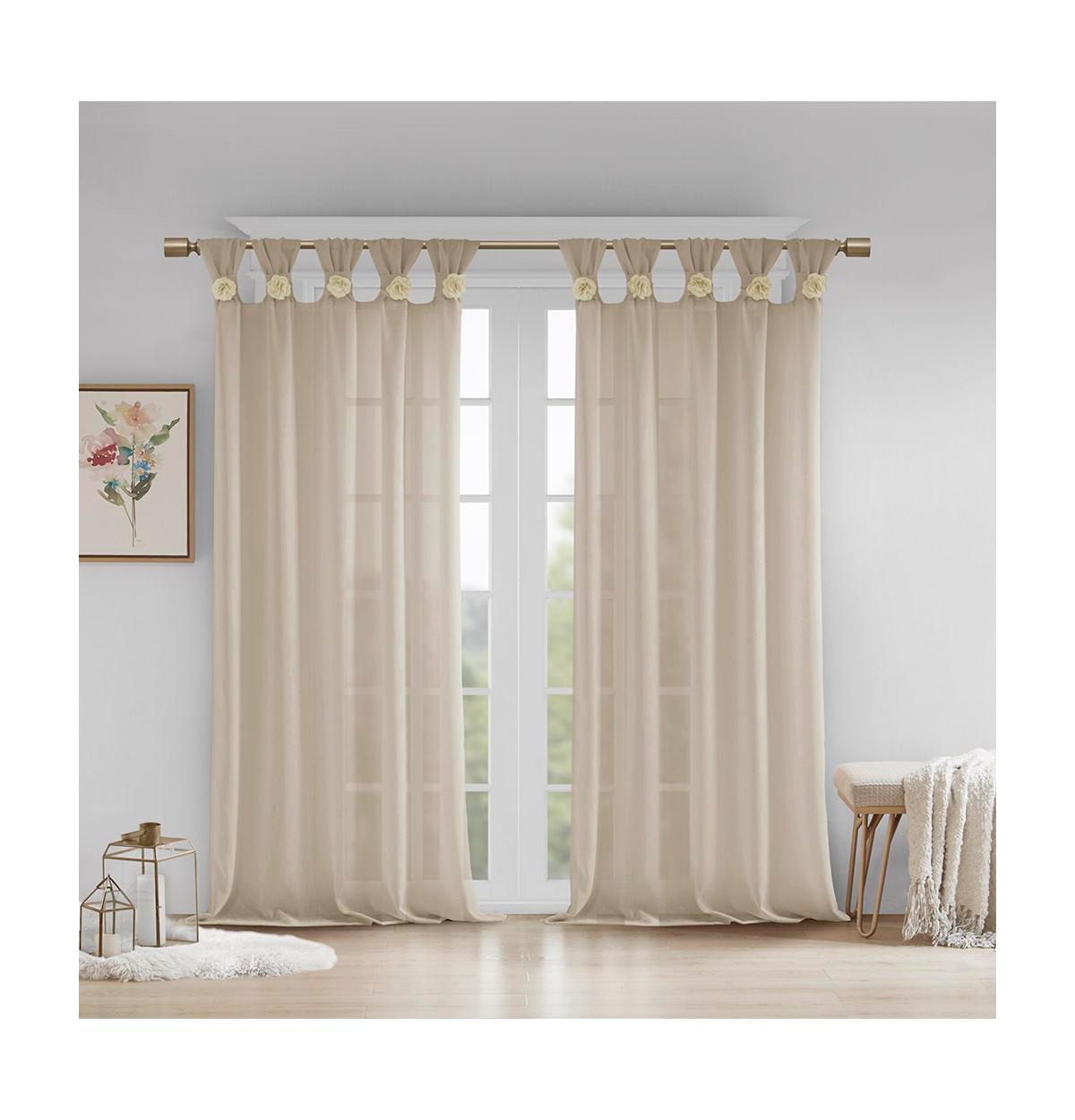 Rosette Floral Embellished Cuff Tab Top Solid Curtain Panel, 50"W x 95"L - Linen