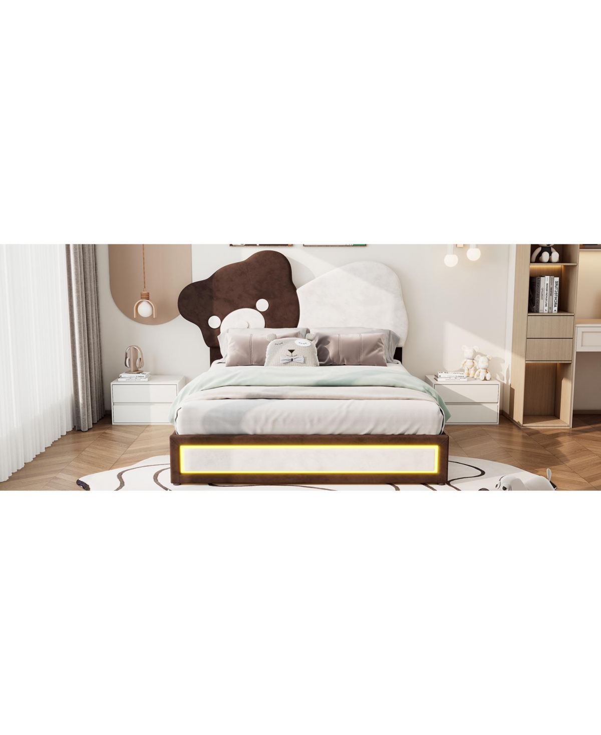 Slickblue Full Size Upholstered Platform Bed with Bear Headboard and Led Light Strips