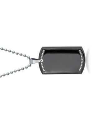 CZ Edge Black Dog Tag Pendant Necklace Stainless Steel with Bead Ball Chain 24 In