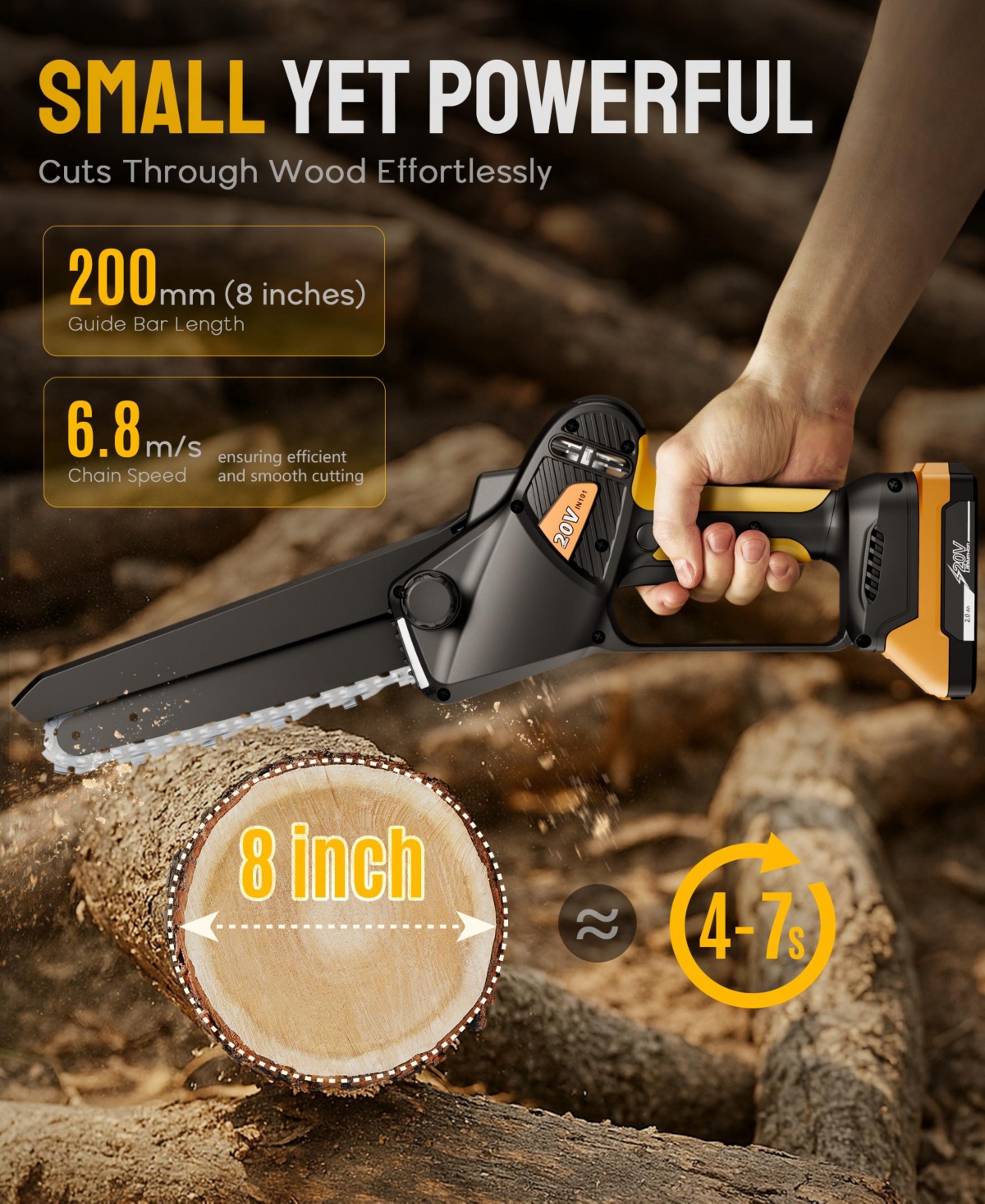 Sugift Cordless 8-Inch Mini Chainsaw with Brushless Motor, 20V Battery, Auto-Oiling, and Safety Lock