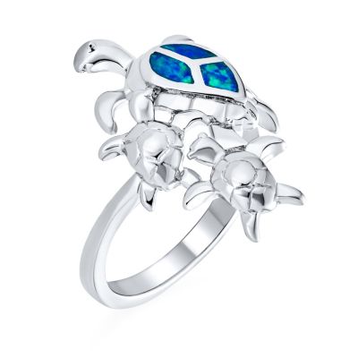 Nautical Tropical Beach Vacation Sea Mom Mother Children Tortoise Family Blue Created Opal Inlay Turtle Ring  .925 Sterling Silver