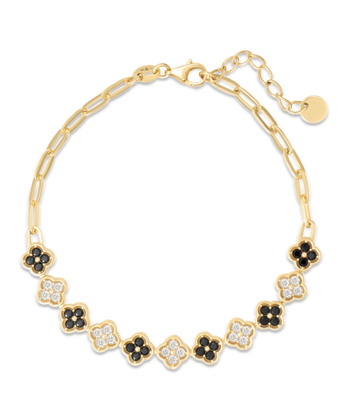 Devata White and Black Cubic Zirconia Clover Paperclip Chain Bracelet in 14K 6.5 in adj to in, approx. 6.1 grams - gold, black, white