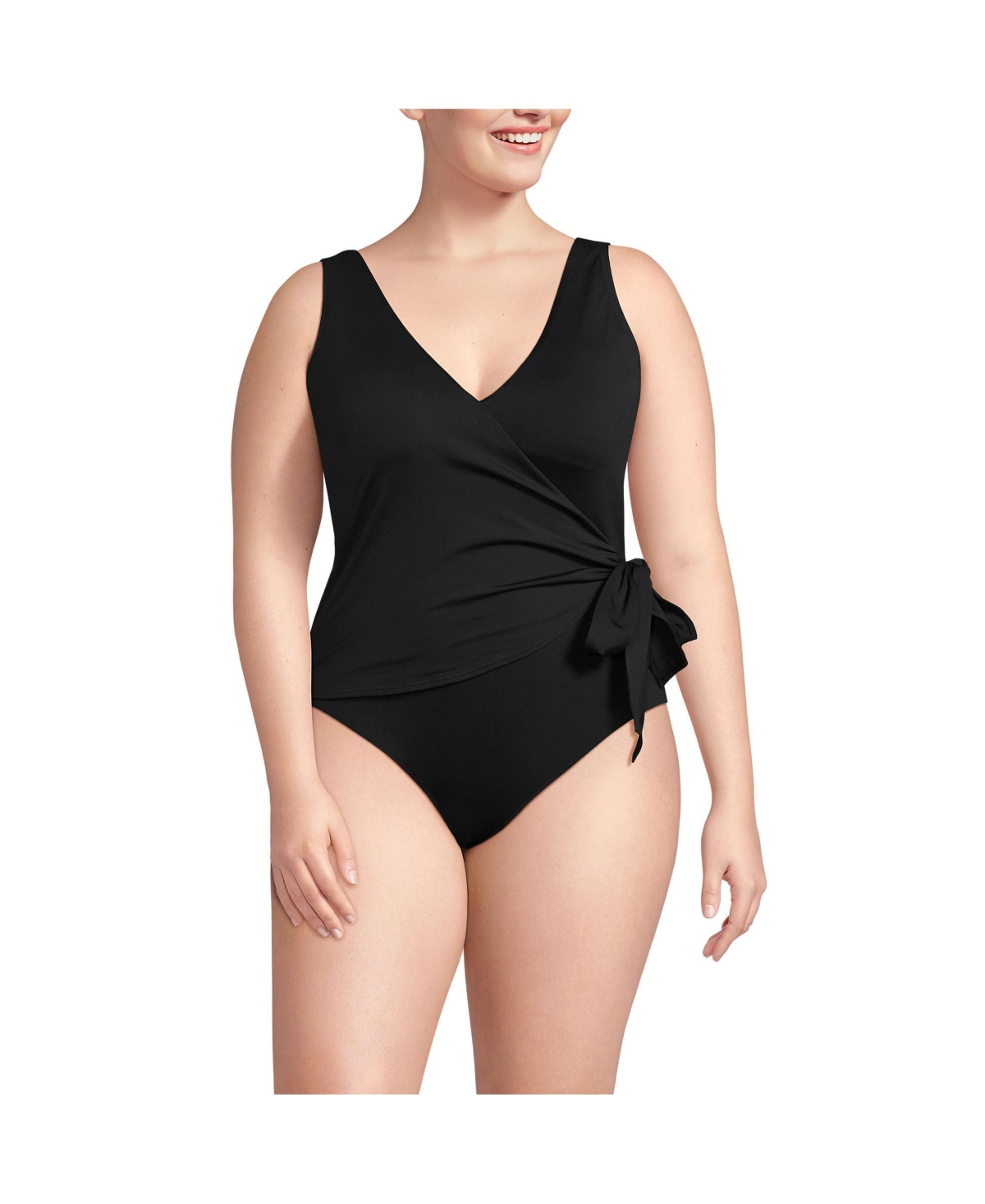 Plus Size Chlorine Resistant Side Tie Wrap High Leg One Piece Swimsuit - Black