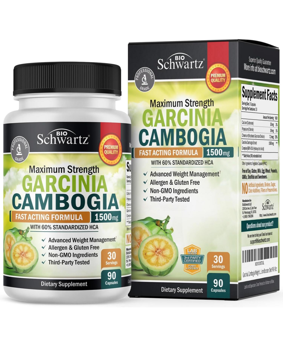 BioSchwartz Garcinia Cambogia Weight Loss Pills - 1500mg Hca Pure Extract - Fast Acting Appetite Suppressant - Fat Burner for Women and Men to Help Lo