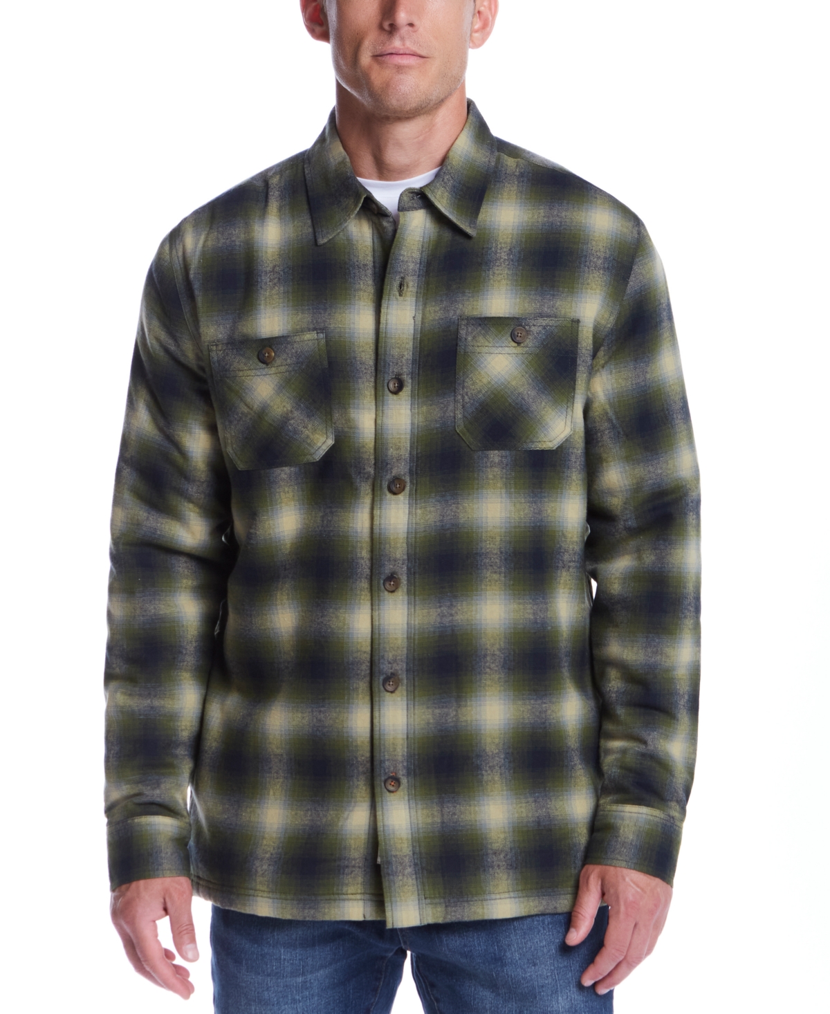 WEATHERPROOF VINTAGE MEN'S SHERPA-LINED FLANNEL SHIRT JACKET 