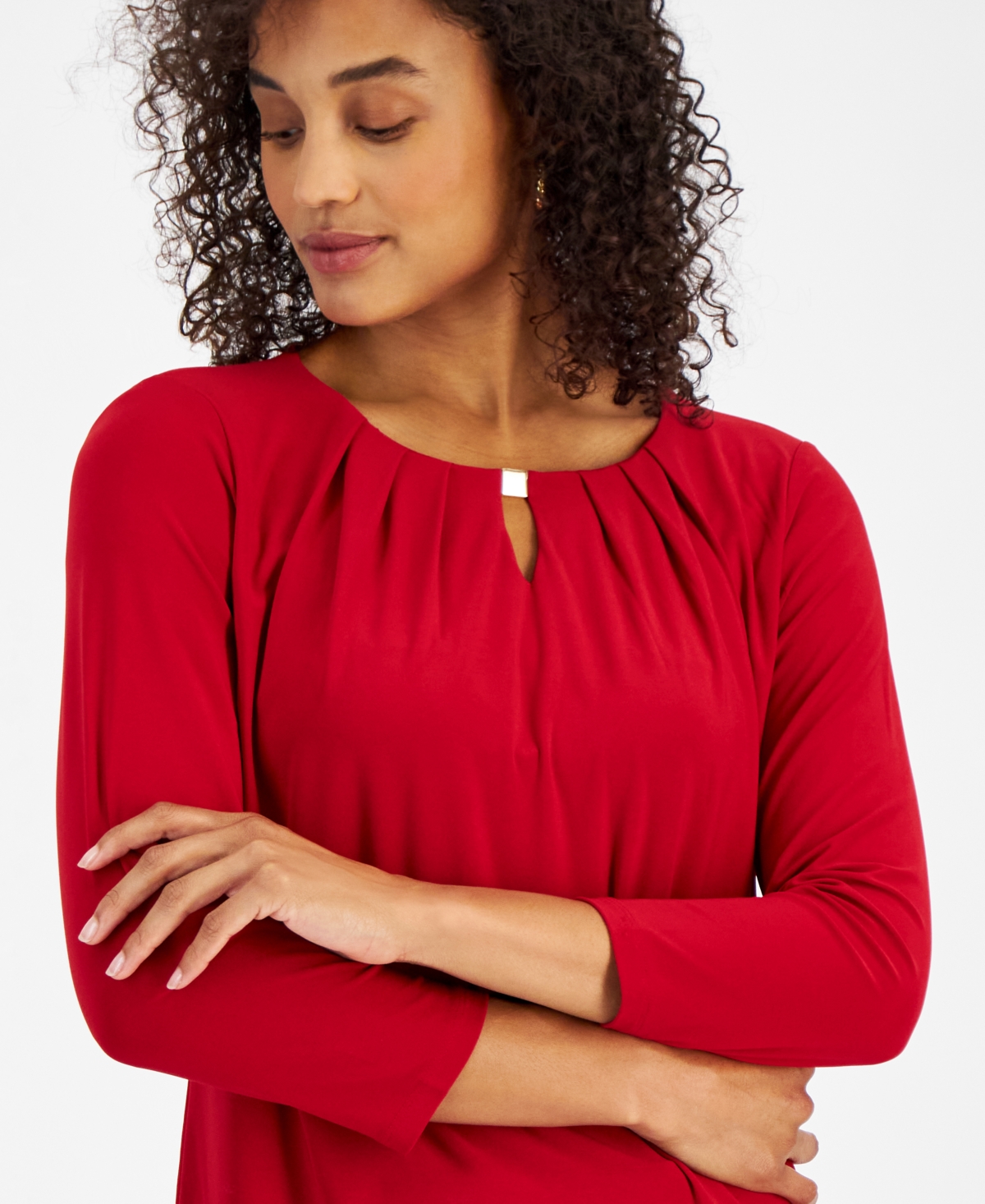 Kasper Womens Pleat-neck 3/4-sleeve Blouse In Fire Red