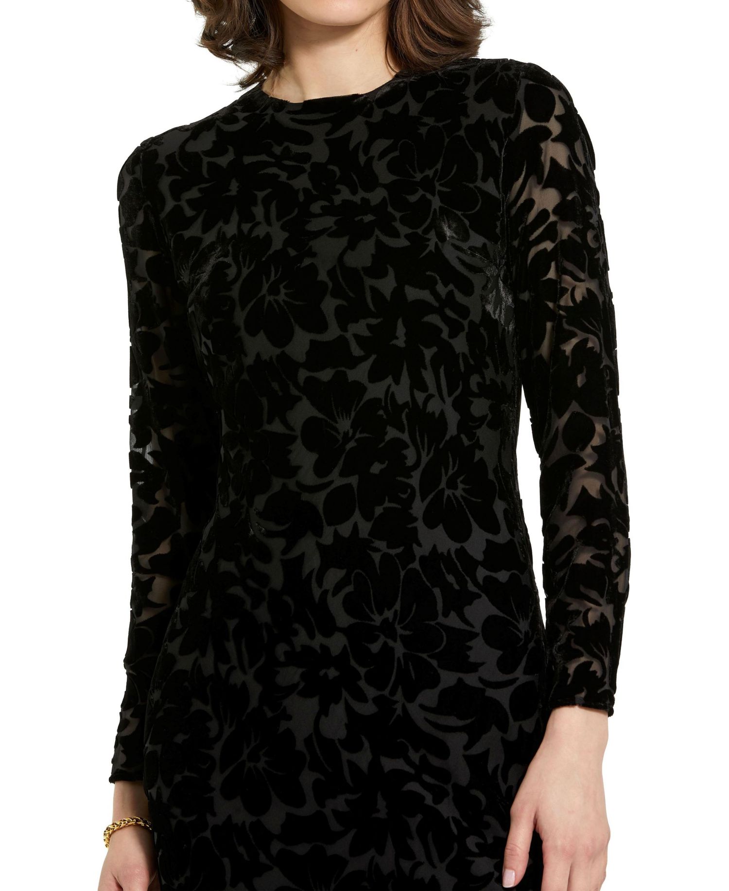 Women's Burnout Velvet Long Sleeve Ruffle Hem Midi Dress